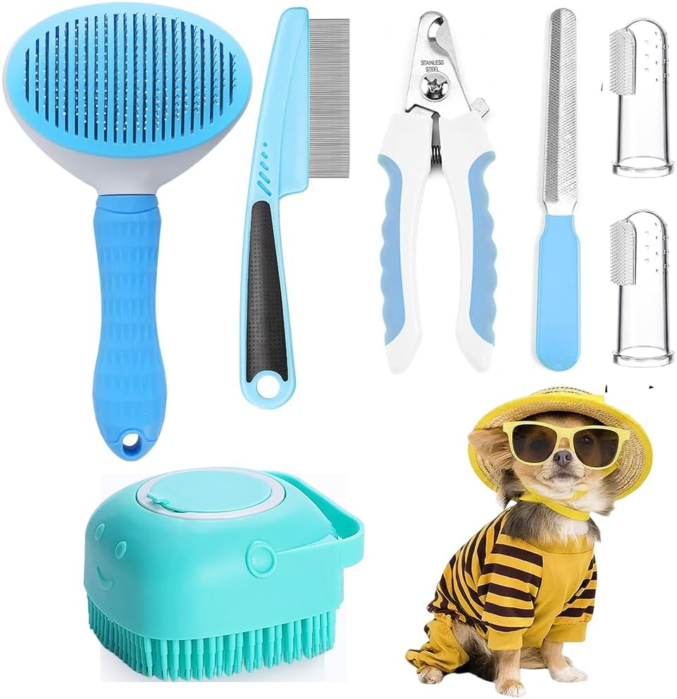 7-in-1 Pet Grooming Kit – Self-Cleaning Slicker Brush, Nail Clipper & Bath Brush for Dogs & Cats